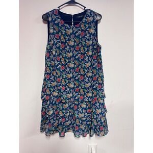 Lauren Ralph Lauren Floral Crinkle Georgette Tiered Dress Navy Blue Sz 10